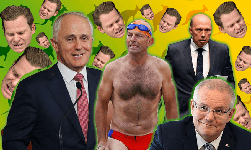 From left: Malcolm Turnbull, Tony Abbott, Peter Dutton and Scott Morrison. Background: Australian cricketer Steve Smith 
