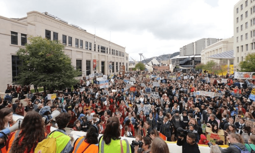 Students packed out Civic Square in Wellington before heading to parliament for the 24 May climate strike (Ana Tovey, Radio NZ) 
