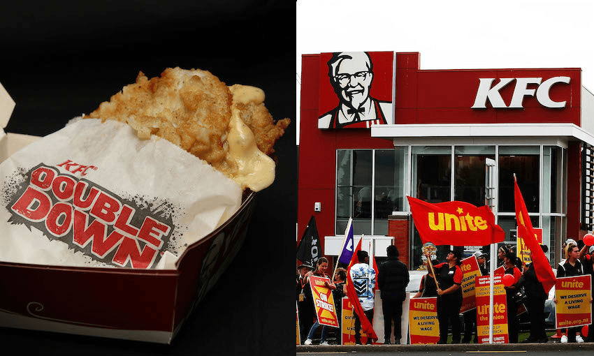 KFC’s Double Down when it first launched in 2011, and KFC workers striking in 2017 (Photos: Getty Images) 
