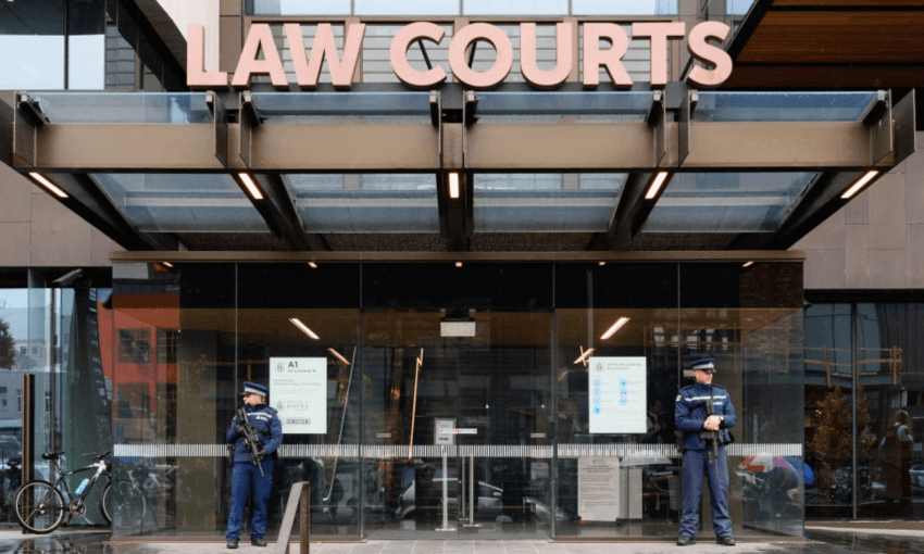 Police officers standing outside court in Christchurch, May 2019 (Getty Images) 
