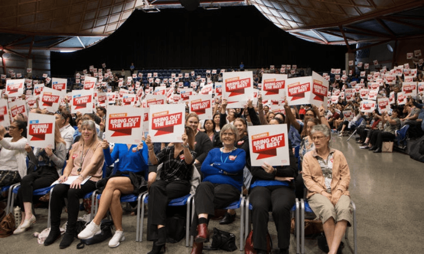 A PPTA meeting in mid-2019, at which teachers were contemplating further strike action (Radio NZ / Eva Corlett) 
