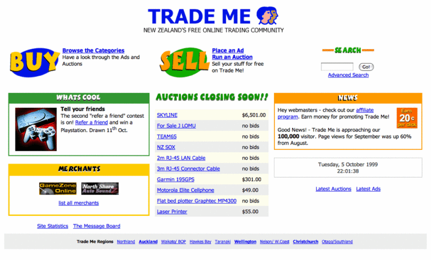 The Trade Me front page, shortly after launch 
