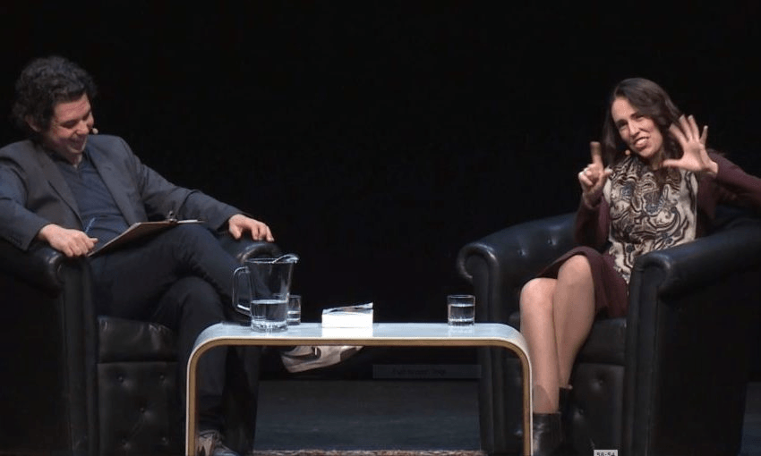 Toby Manhire and Jacinda Ardern at the Aotea Centre for the Auckland Writers Festival 
