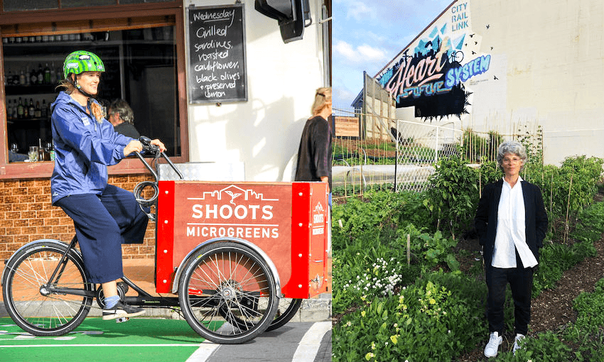 The Shoots Microgreens e-bike on delivery duty in Wellington; and Sarah Smuts-Kennedy at OMG in Auckland (Photos: Kate Rixon/Alice Neville) 

