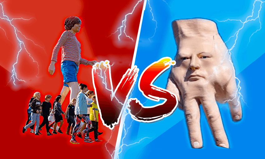 In the red corner, the sculpture walking on its legs, in the blue corner, the sculpture walking on its fingers 
