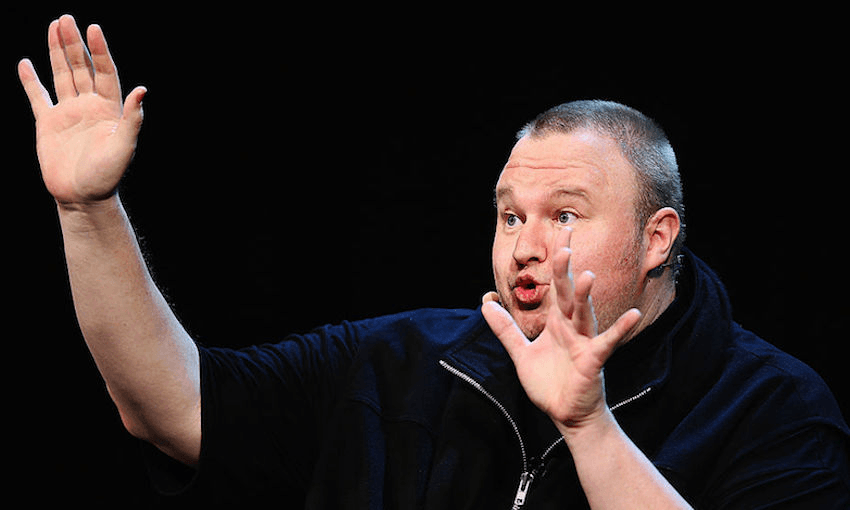 Kim Dotcom at his 2014 ‘Moment of Truth’ event in Auckland featuring video-link appearances by Edward Snowden, Glenn Greenwald and Julian Assange. (Photo: Getty Images) 

