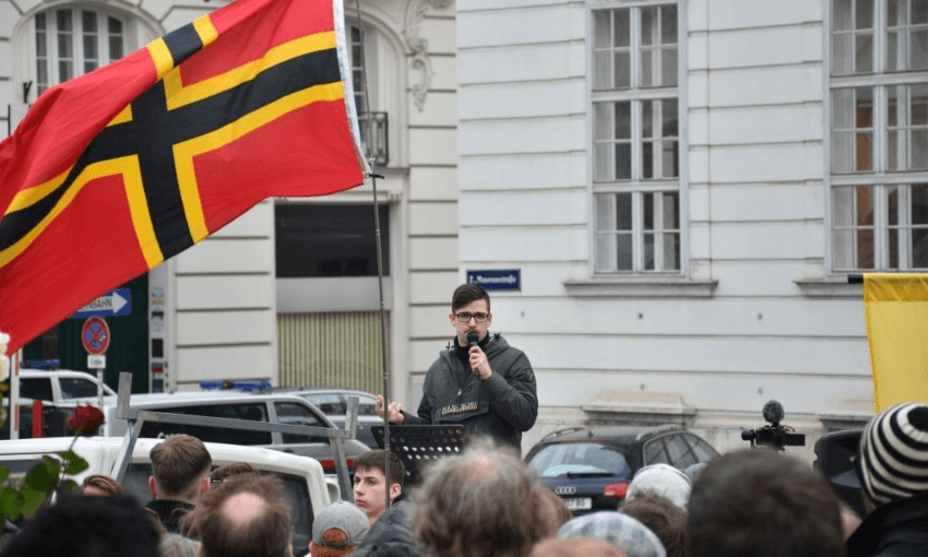 Austrian neo-Nazi Martin Sellner, at a rally in Vienna (Getty Images) 
