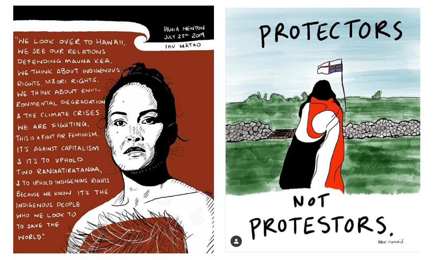 Images created by young Māori artists in response to the land protection at Ihumātao. Left: Jamie Rolleston. Right: Māori Mermaid. 
