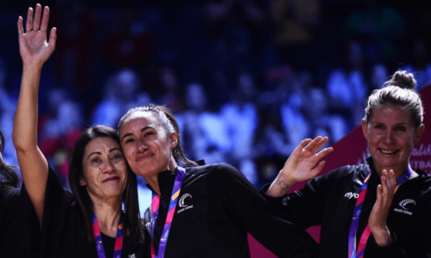 Noeline Taurua, Maria Folau and Casey Kopua after the Netball World Cup final win. Photo: Getty Images 
