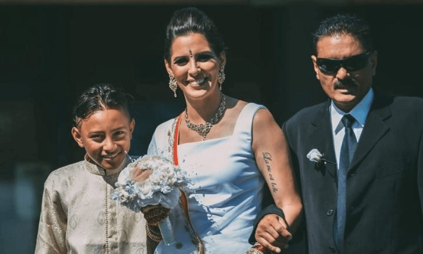 Ravinder Hunia with her son and her dad on her wedding day. Photo: Supplied / Ravinder Hunia 
