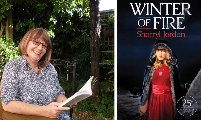 A photo of the author Sherryl Jordan on the left and the cover of her novel Winter of Fire on the right, showing a young woman wearing a red dress and cloak.
