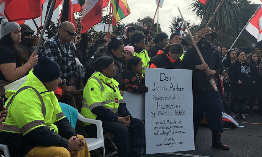 Ihumātao protectors presenting a petition to the Prime Minister’s office asking her to visit the whenua. Image: Leonie Hayden 
