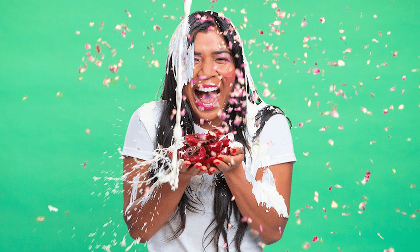 Visa Wellington on a Plate’s 2019 campaign creative features people having food and drink poured over their heads. (Image: Wellington on a Plate Facebook) 
