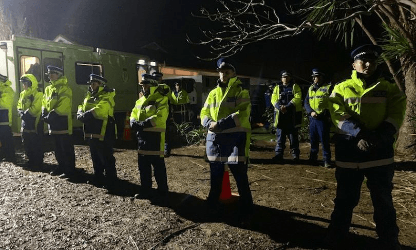 Police at Ihumātao on Monday night. Photo: Jacqueline Paul. 
