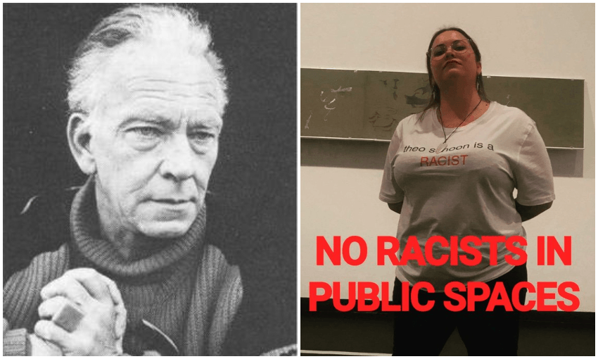 Theo Schoon self portrait / Anti-Schoon protest organiser Anna McAllister at the City Gallery, Wellington 
