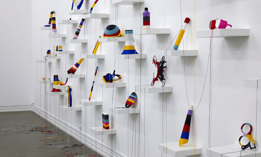 Yuk King Tan, Crisis Of The Ordinary, 2019, string, collected protests objects from Hong Kong, Korea and New Zealand, dimensions variable 
