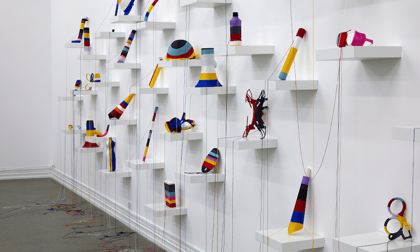 Yuk King Tan, Crisis Of The Ordinary, 2019, string, collected protests objects from Hong Kong, Korea and New Zealand, dimensions variable