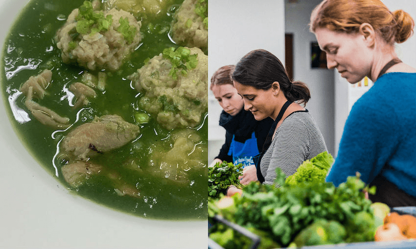 Chicken and leek broth with nettles, watercress and bread dumplings at the All Taste, No Waste dinner; and sorting rescued food at Kaibosh (Photos: Supplied,  folkYEAH) 
