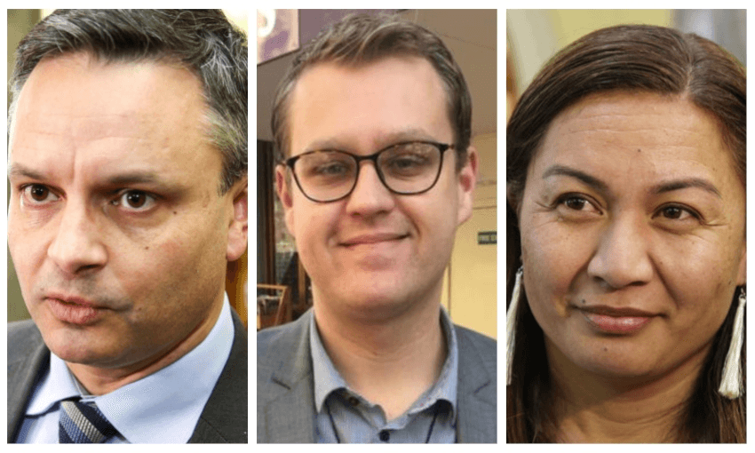 From left: Co-leader James Shaw, former Te Tai Hauāuru candidate Jack McDonald, and co-leader Marama Davidson. (Images: Radio NZ and Getty Images) 
