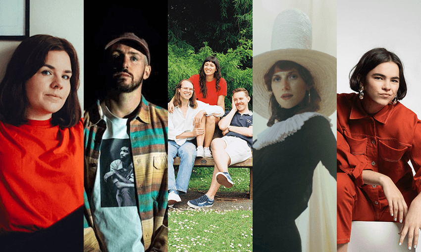 From left to right, the 2019 Silver Scrolls finalists: Tiny Ruins, Tom Scott, The Beths, Aldous Harding, Benee. 
