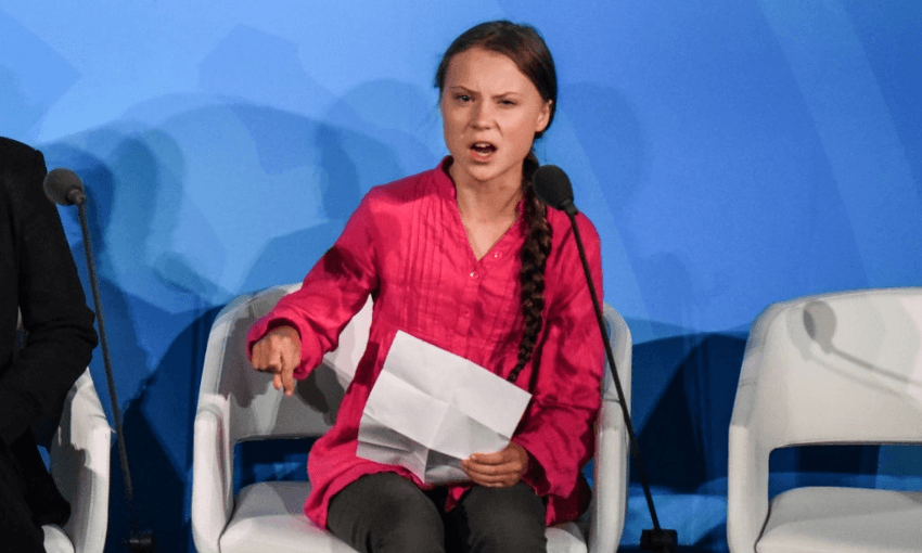 Youth activist Greta Thunberg speaks at the Climate Action Summit at the United Nations on September 23, 2019 in New York City (Getty Images) 
