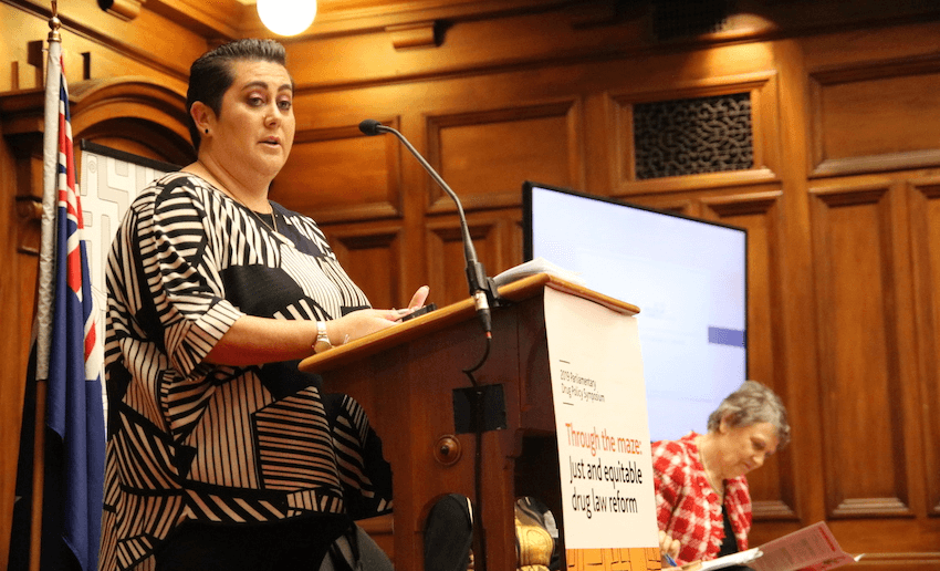 Khylee Quince speaks at the symposium alongside Helen Clark. Photo: Supplied. 
