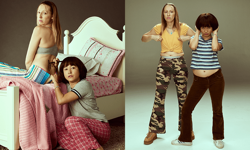 Anna Konkle and Maya Erskine play 12-year-old dramatised versions of themselves in PEN15. Photo: Supplied.