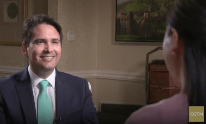 National leader Simon Bridges being interviewed by Chinese state-TV (Screenshot – CGTN) 
