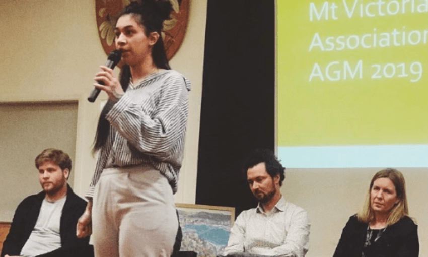Tamatha Paul speaking at a Mt Vic Residents Association meeting, alongside fellow candidates Harry Smith, Lee Orchard and Iona Pannett (Photo; supplied)  
