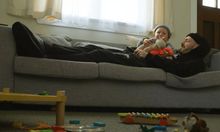 A calming shot of Tom Scott and his son after the frenetic opening of Don’t Quit Your Day Job 
