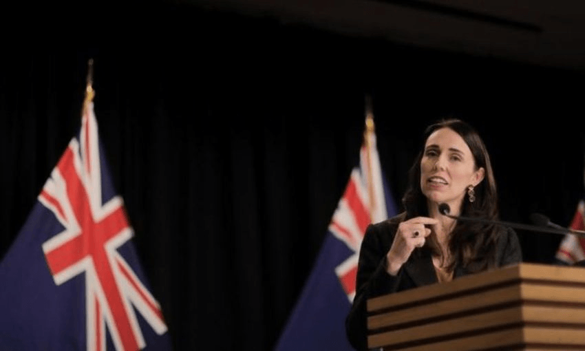 Jacinda Ardern speaks at her weekly Beehive press conference. Photo: Dom Thomas/RNZ 
