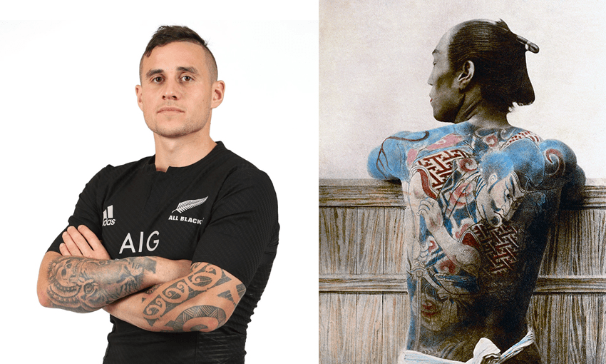 All Black TJ Perenara (L); Postcard of man with full body tattoo, Japan, circa 1905 (R). (Allan Seiden Legacy Archive/Getty Images)