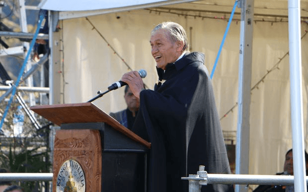 Māori King Kiingi Tuheitia makes his annual speech at Turangawaewae. Photo: RNZ / Shannon Haunui-Thompson 
