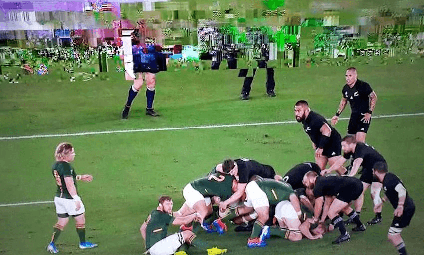  Screen pixellation was a problem for many viewers during the streaming of the All Blacks vs Springboks match at the Rugby World Cup in Yokohama. (Photo: RNZ / Martin Gibson) 
