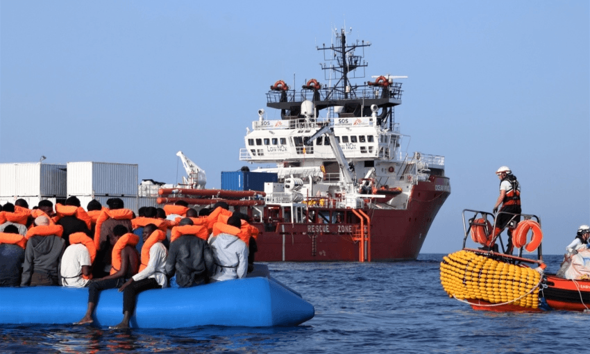A migrant vessel after being picked up by MSF’s Ocean Viking (Supplied) 
