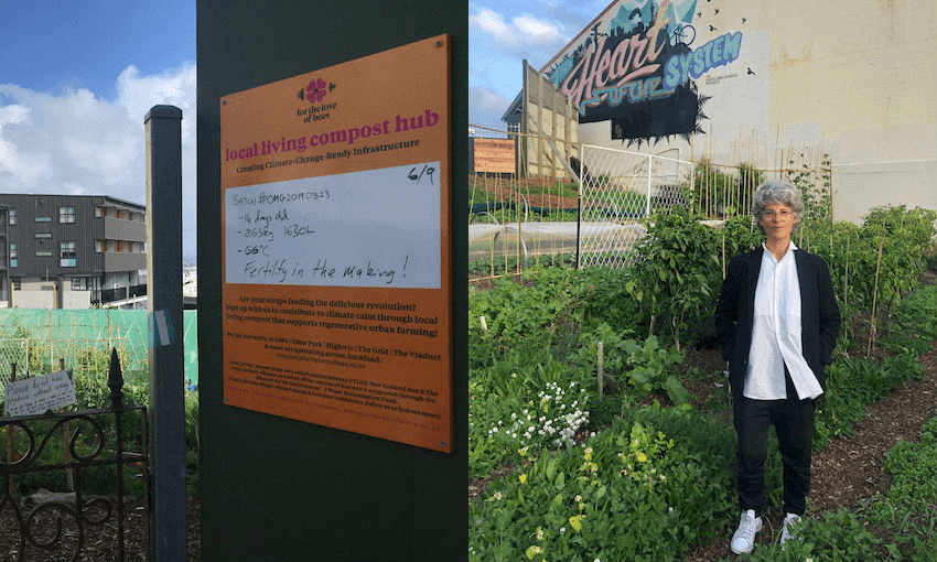 Sarah Smuts-Kennedy at the OMG Organic Market Garden on Symonds St, where a new compost hub has launched (Photos: Supplied/Alice Neville) 

