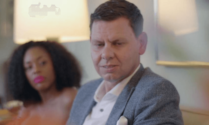 Blazed as Patrick Gower (image: Newshub).  
