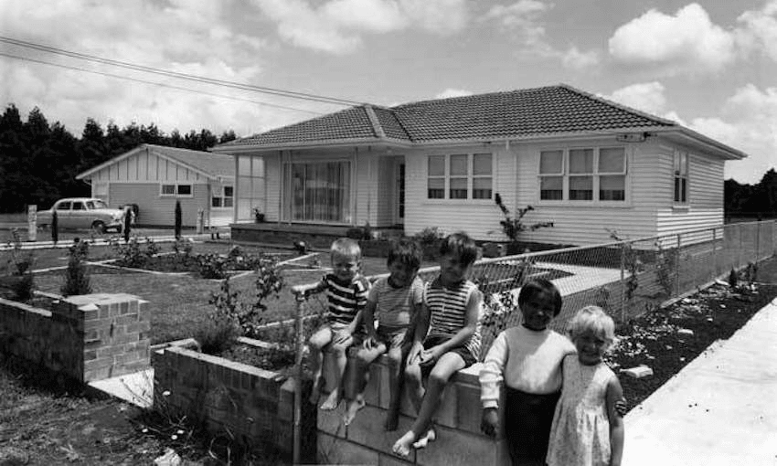 Children outside a West Auckland home ca. 1970. Image: National Library 
