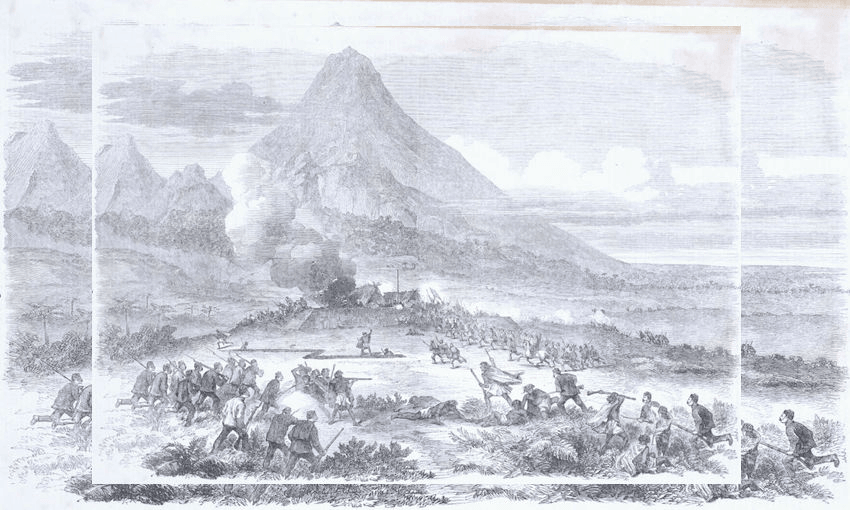The Battle of Katikara, British soldiers of the 57th Regiment storming a Māori fortified position on the Katikara River 
in June 1863, one of many conflicts during the Taranaki Wars. Image: engraving – Te Papa 
