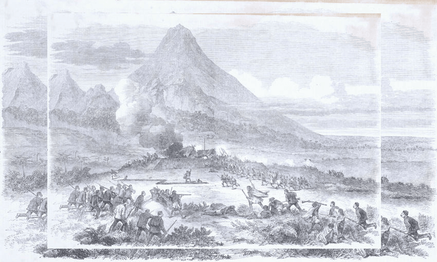 The Battle of Katikara, British soldiers of the 57th Regiment storming a Māori fortified position on the Katikara River
in June 1863, one of many conflicts during the Taranaki Wars. Image: engraving – Te Papa