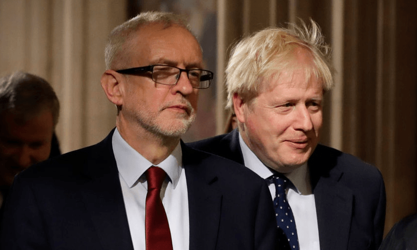 UK Labour leader Jeremy Corbyn, pictured trying to ignore whatever UK PM Boris Johnson was saying (Getty Images)