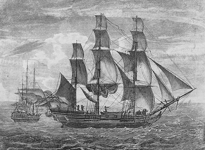 HM Bark Endeavour and Captain Cook setting out on his voyage in 1764. Image: Wellcome Collection 
