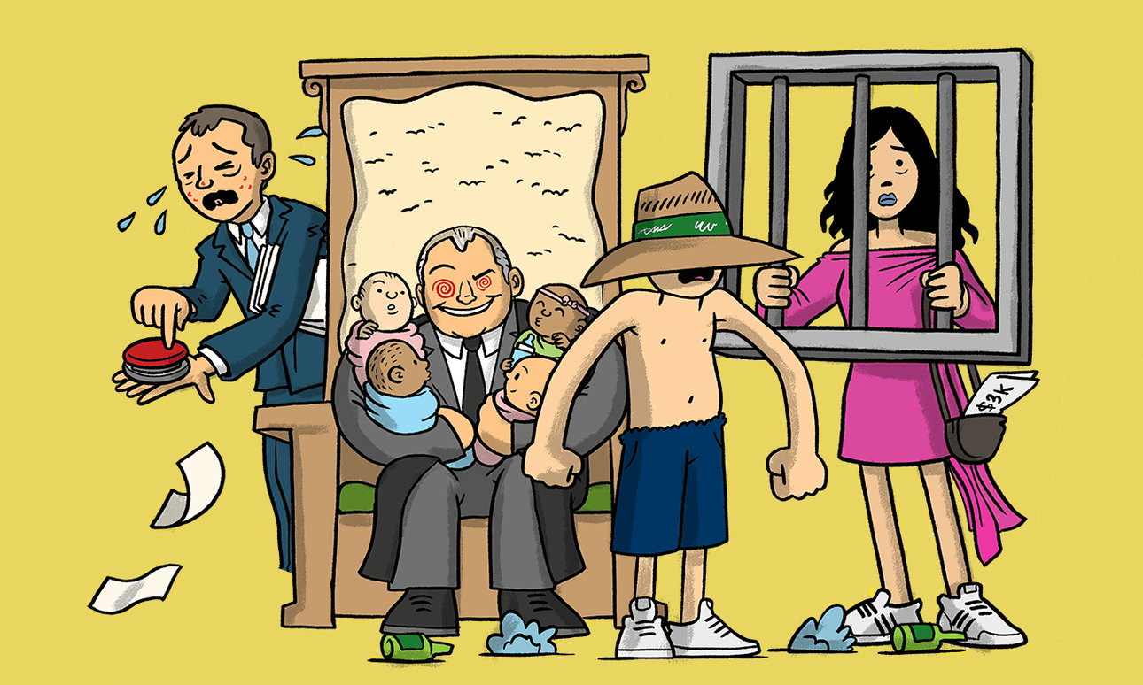 Squad goals: Emotional junior staffer, Trevor Mallard and babies, unruly tourist in Bunnings hat, Lorde in prison (Illustration: Toby Morris) 
