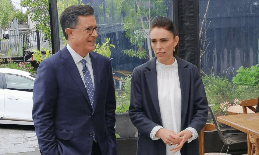 Stephen Colbert and Jacinda Ardern in Morningside, Auckland. Photo: Toby Manhire / The Spinoff 
