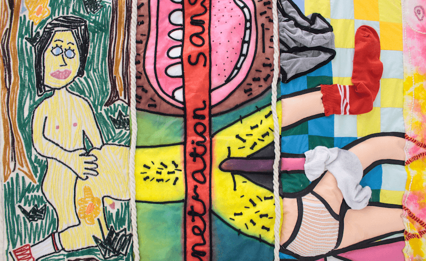 OCITRHJSY, 2019 Embroidery, oil on canvas, rope, cotton and polyester blends, socks, underwear, hand dyed linen, glass beads. Hessian and felt appliqué on back. Owen Connors. Image: Pippy McClenaghan.