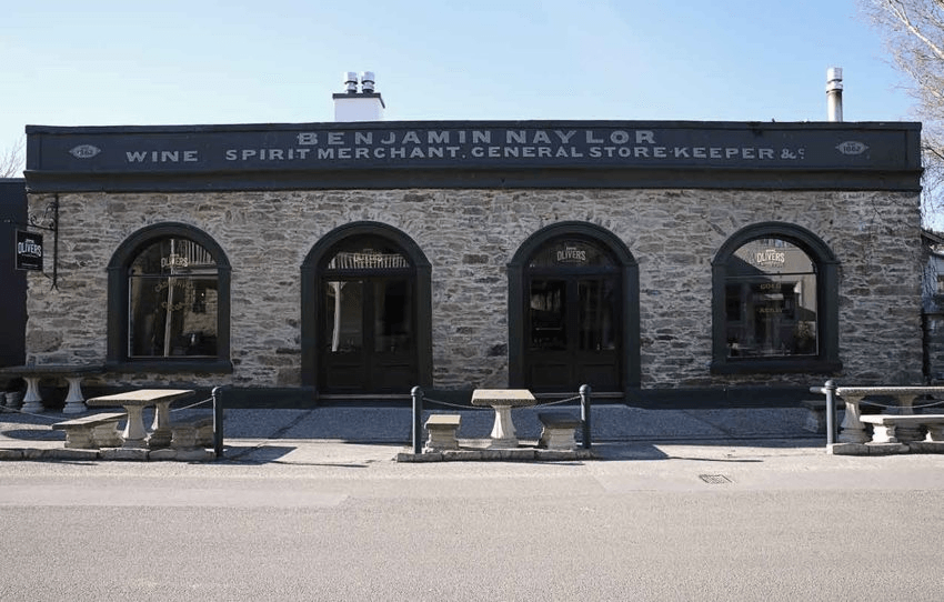 A wide shot of the street frontage of historic Olivers Restaurant in Clyde, Central Otago.