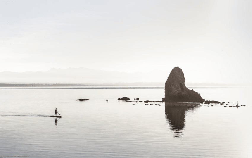 A black-and-white photograph of paddleboarder travels past Fifeshire Rock on the glassy waters of Tahunanui, Nelson
