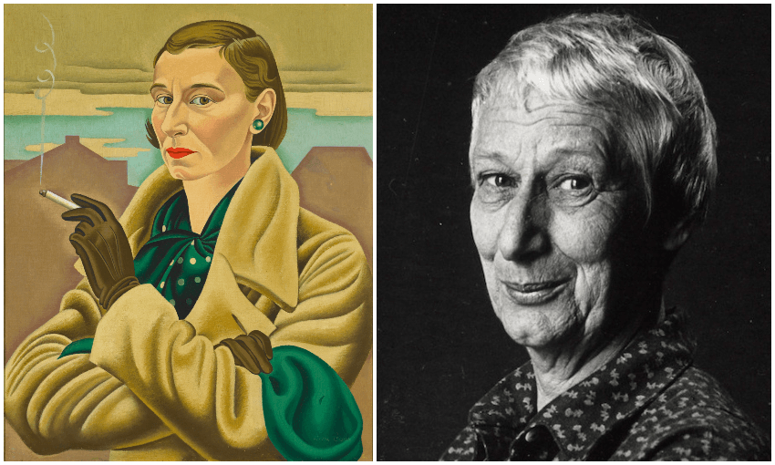 Left, Rita Angus: Self-portrait, 1936–7. Collection of Dunedin Public Art Gallery, purchased 1980. Reproduced courtesy of the Rita Angus Estate. Right, Portrait of Rita Angus, 1969, photographed by Marti Friedlander, Collection of Te Papa.  
