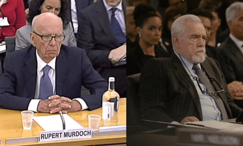 Real Rupert Murdoch at the UK parliament and fictional Logan Roy at the US congress (HBO) 
