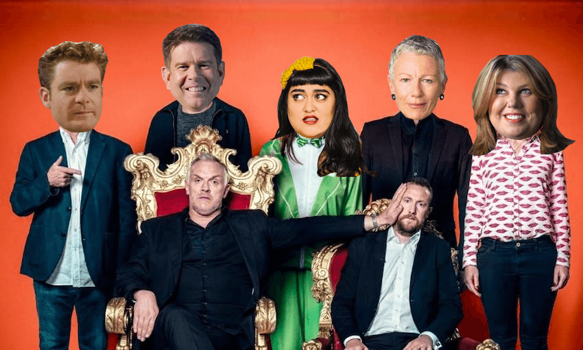 A few of our dream Taskmaster NZ guest stars, flanking original Taskmaster UK hosts Greg Davies and Alex Horne (photo illustration: Tina Tiller) 
